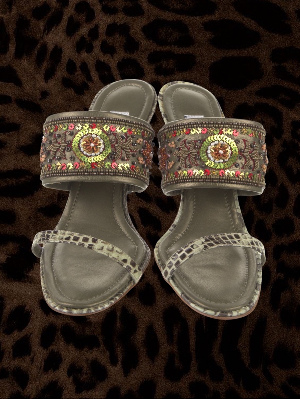 Vintage Manolo Blahnik Heels with Embroidered Details + Snakeskin Trim
